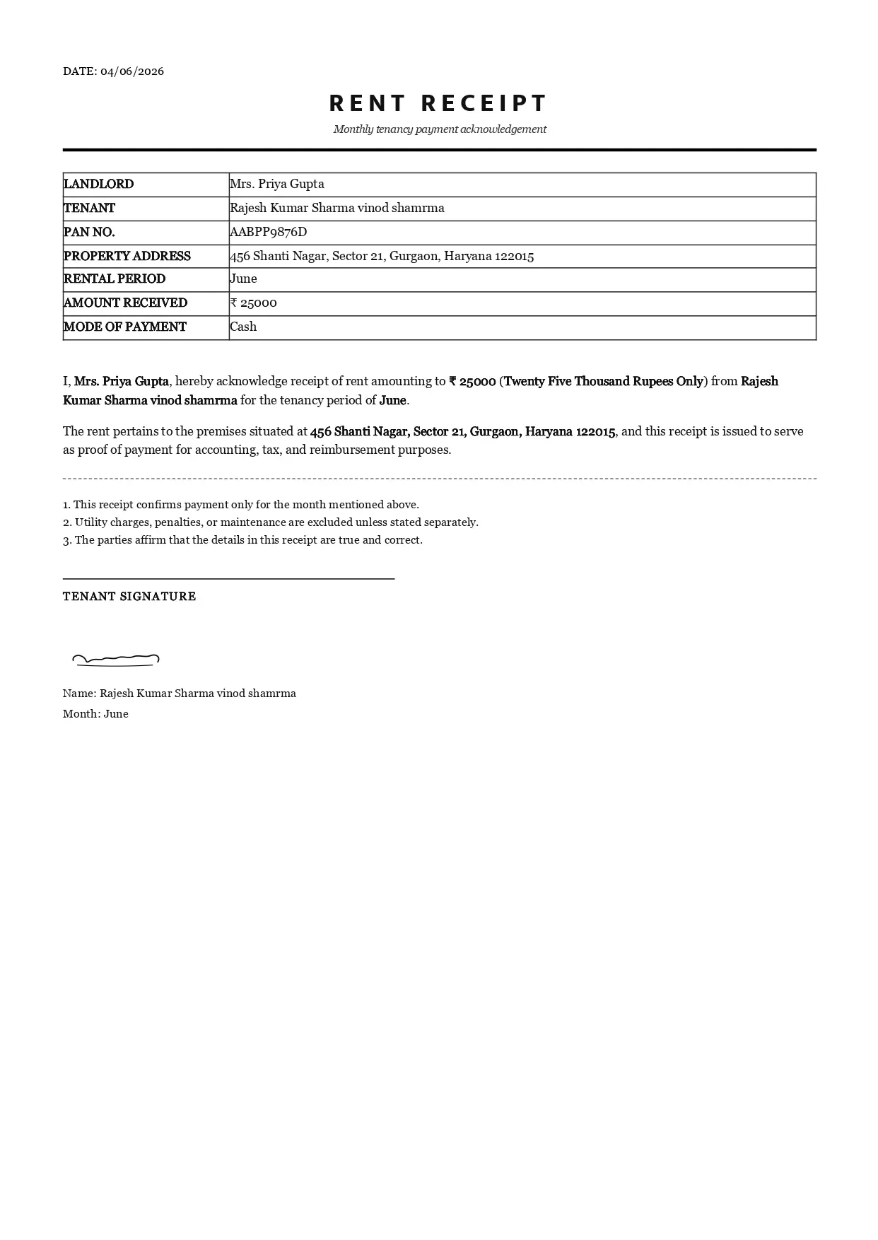 Rent receipt generated with OnlineBiller
